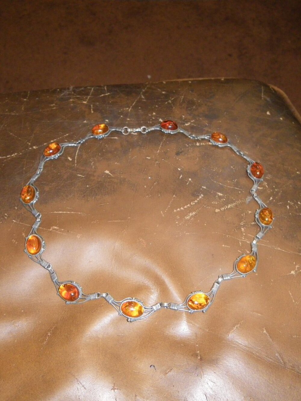 Women’s Vintage Sterling Silver Statement Necklace w/ 12 Amber Gemstones Poland